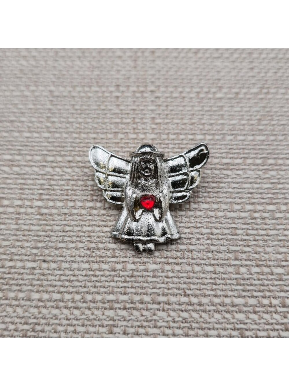 Vintage Guardian Angel Brooch Pin with Red Rhinestone Heart A8749